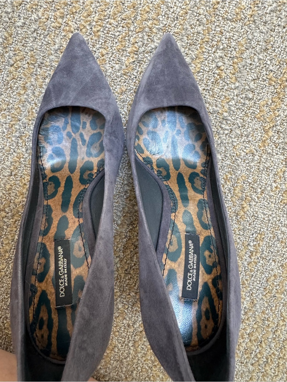 Dolce & Gabbana Charcoal Suede Pointed Toe Flats with Leopard Insole